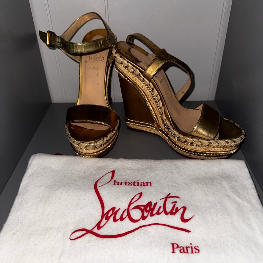 Christian Louboutin Gold Espadrille Wedges | Soles Replaced | Iconic Red Sole